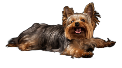 portrait of happy Yorkshire Terrier dog lying down on black background, studio shot, photorealistic, 3d rendering