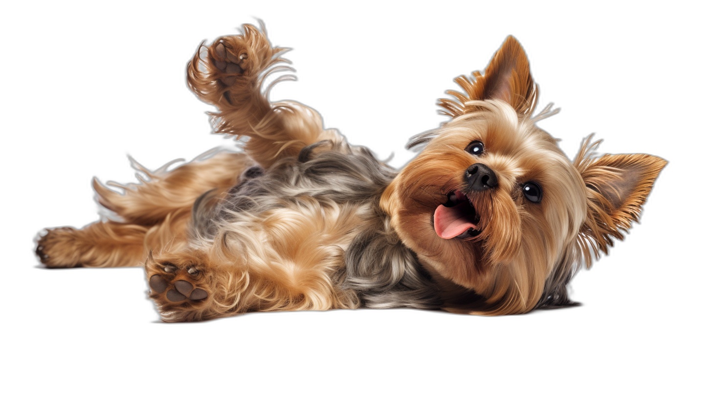 Illustration of a happy Yorkshire Terrier dog lying on its back with its tongue out on a black background, in the style of a detailed and sharp photo with minimal editing to correct spelling, grammar errors, repeated words and removal of any Chinese characters.