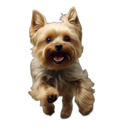 photorealistic full body portrait of happy Yorkshire Terrier jumping, isolated on black background, high definition photography