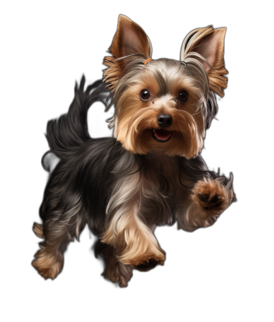 A full body digital art of a Yorkshire Terrier in a jumping pose against a black background, with detailed fur and hair texture and a cute expression on its face. The artwork is high resolution and highly detailed, rendered in a hyper realistic style.