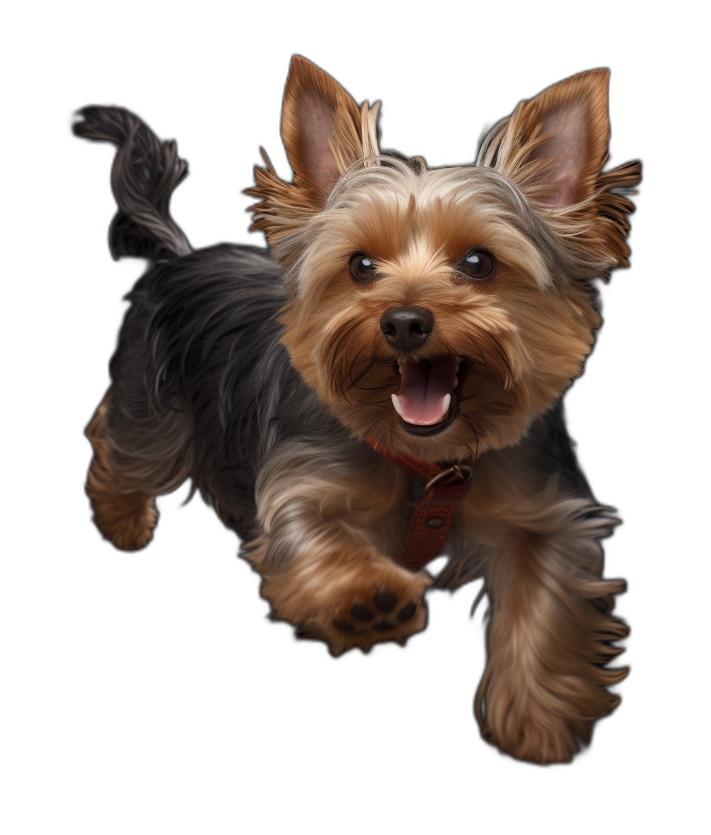 happy Yorkshire Terrier running towards the camera, photorealistic, hyperrealism, isolated on black background, full body shot