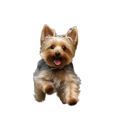 realistic photo of happy Yorkshire Terrier jumping on black background, view from above, high detail, hyper realistic