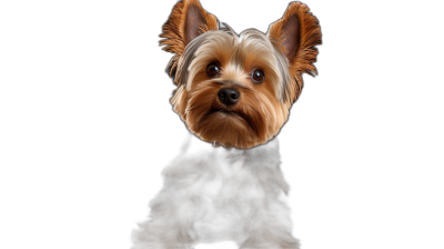 Photorealistic portrait of Yorkshire Terrier on black background, looking at camera, symmetrical face, symetrical photo, high detail, high resolution, studio photography, copy space for text or logo,