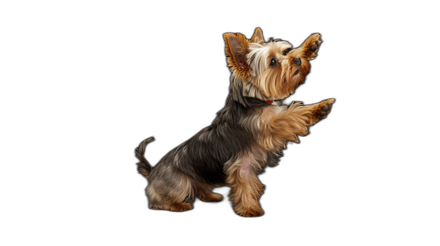 photorealistic full body side view of Yorkshire Terrier dog standing on back legs, open paws up in air like she is playing with someone, isolated black background,