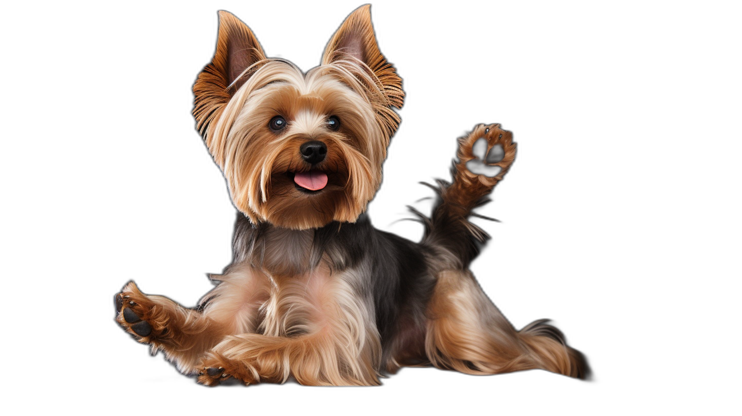 A full body photo of a happy Yorkshire Terrier sitting and waving its paw, isolated on a black background, a detailed rendering illustration in the style of 3d, at high resolution, with very sharp focus.