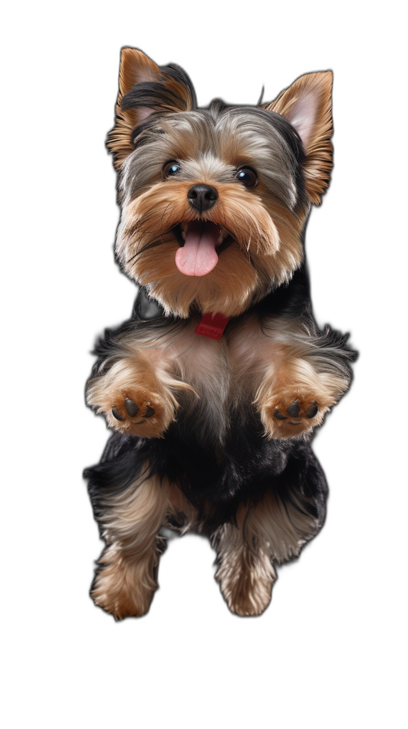 A full body shot of happy smiling Yorkshire Terrier puppy in the air, floating with his paws spread open and tongue out isolated on black background, Award winning photography, professional color grading, soft shadows, no contrast, clean sharp focus digital photography