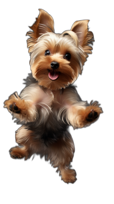 Illustration of cute Yorkshire Terrier puppy jumping, happy expression, black background, high resolution photography, insanely detailed