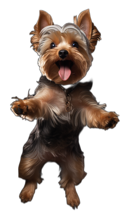 realistic happy Yorkshire Terrier jumping up, black background, full body portrait, high resolution photography