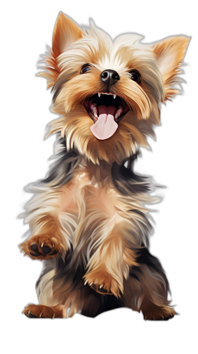 A happy Yorkshire Terrier puppy in the style of digital airbrushing, detailed character illustrations in the style of digital airbrushing on a black background.