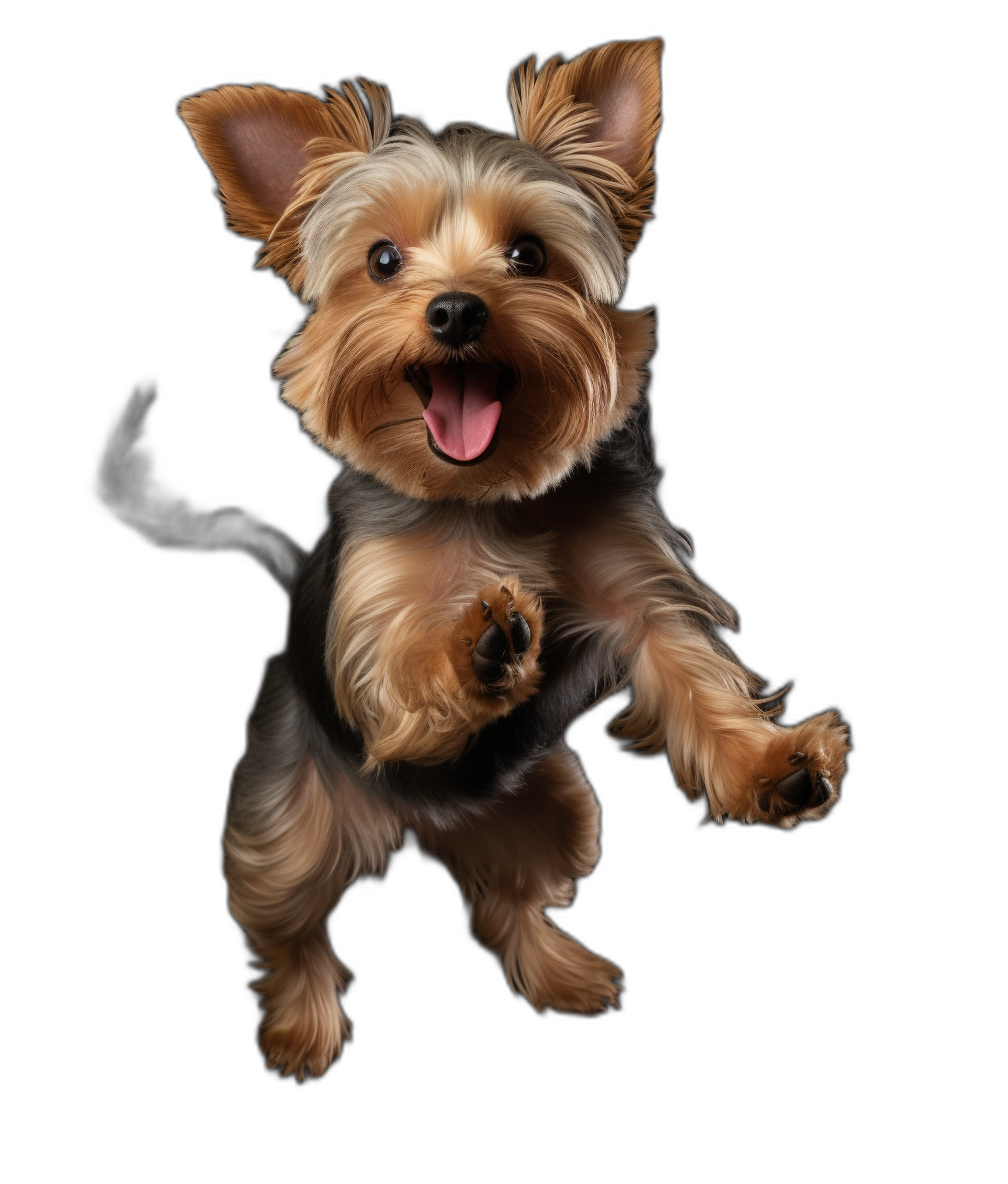 realistic happy Yorkshire Terrier jumping up, full body portrait, black background, high resolution photography