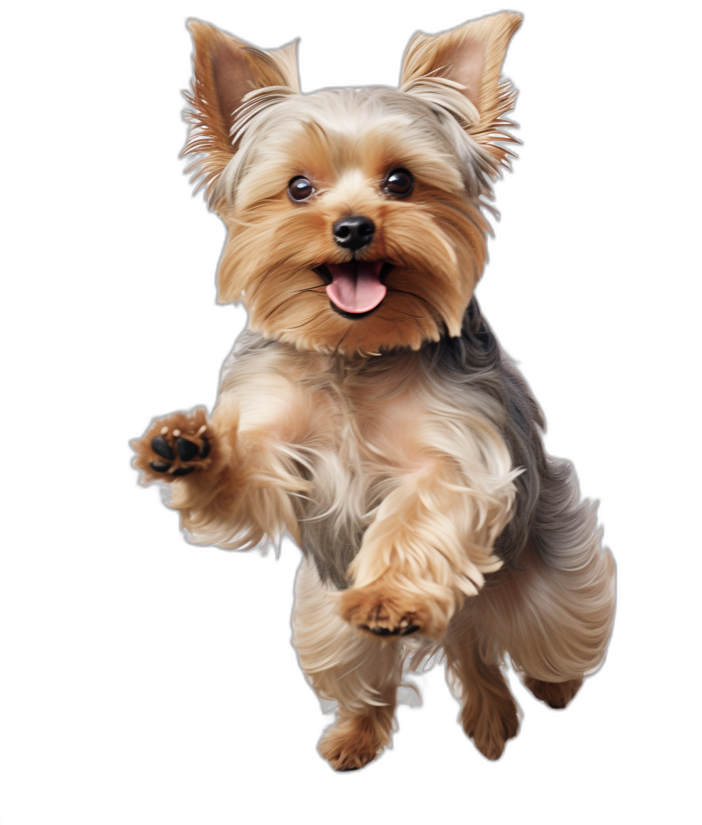 Illustration of A cute Yorkshire Terrier dog is jumping up, full body shot with black background, detailed, sharp focus, high resolution, hyperrealistic, wide angle, stock photo