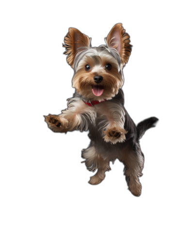 photorealistic full-body portrait of a happy Yorkshire Terrier jumping on a black background, with high details, in the style of studio lighting