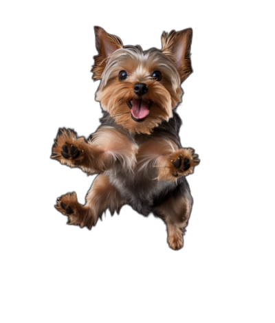 happy Yorkshire Terrier jumping, black background, studio photo shot, photorealistic, high resolution photography