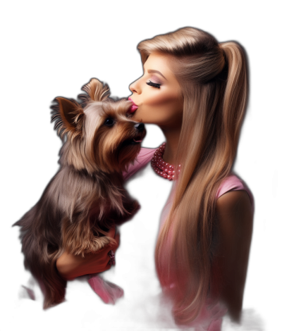 beautiful blonde woman with long straight hair in a pink dress kissing a Yorkshire Terrier against a black background, in the style of hyper realistic photography