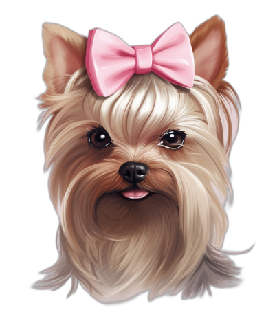 Illustration of a Yorkshire Terrier with a pink bow on its head, cute, portrait view, black background, vector art for a t-shirt design, digital drawing in the style of high resolution