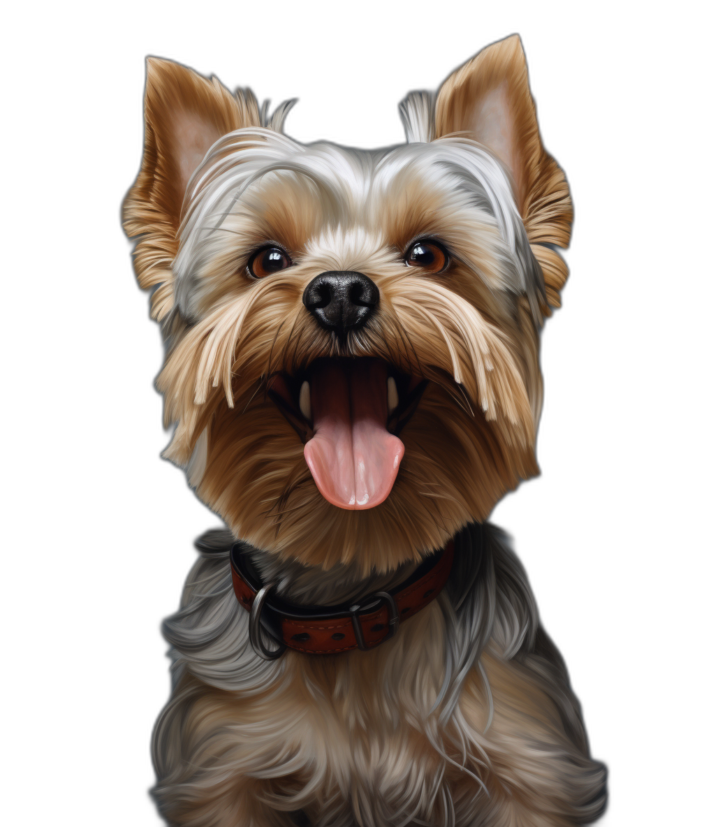 Illustration of a happy Yorkshire Terrier dog, portrait with its tongue out, hyper realistic in the style of, black background, high detail