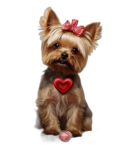 realistic digital illustration of a cute Yorkshire Terrier with a pink ribbon on its head, wearing a red heart shaped collar and sitting looking at the camera, against an isolated black background, in a full body portrait