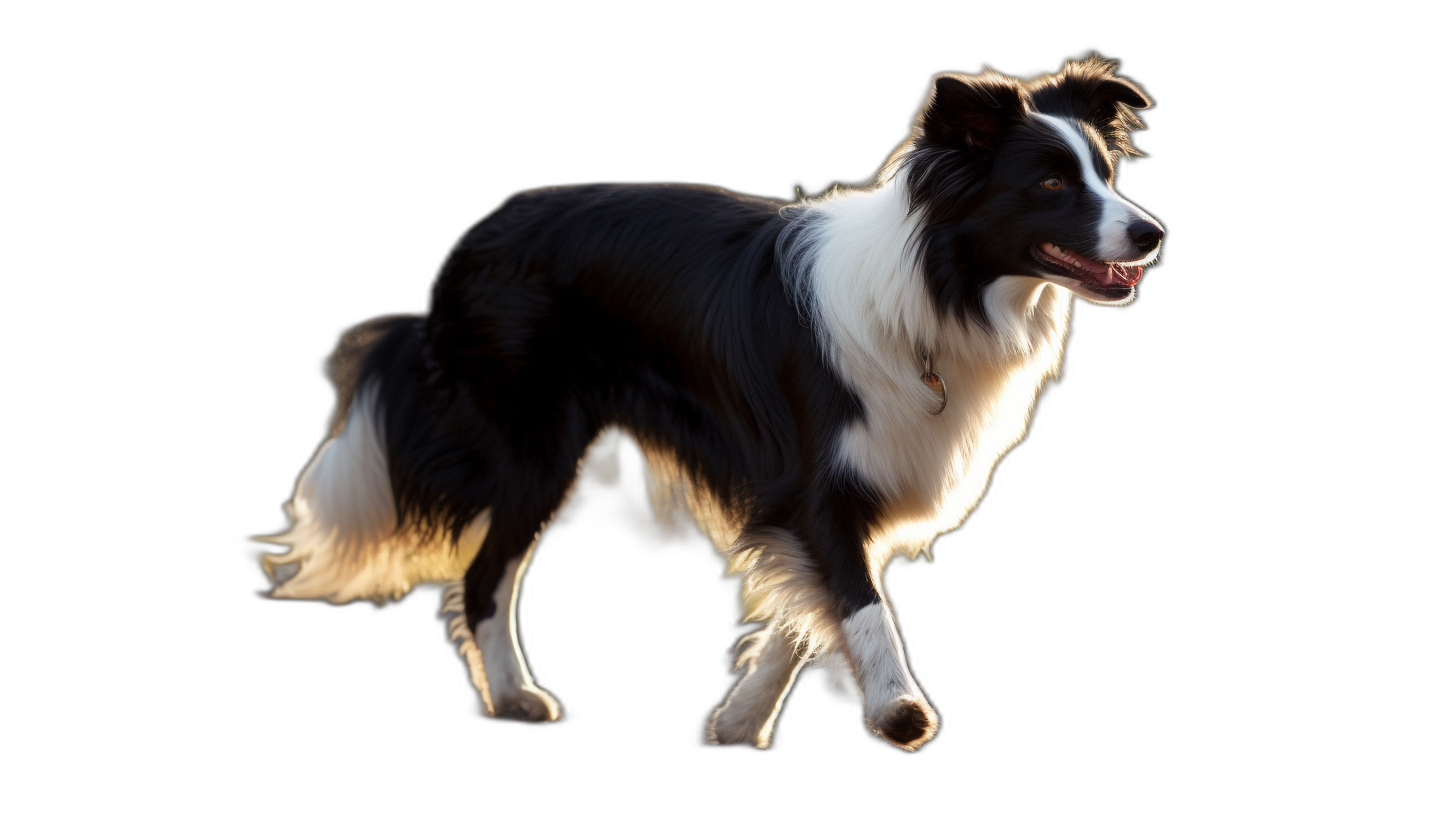 Side view of a happy border collie dog walking on a black background with backlighting and side light in the style of photo realistic. A full body shot with a wide angle lens and low depth of field with a bokeh effect in the hyperrealistic and high resolution photography style. Insanely detailed and intricate with cinematic lighting on a black background.