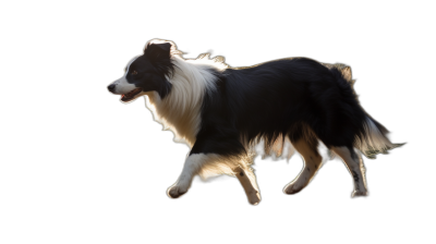 A realistic photo of the side view of a full body running border collie on a black background with high contrast, dynamic lighting and rim light creating a silhouette in the hyperrealistic, high resolution photographic style.