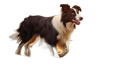 A digital airbrush art of a realistic border collie standing full body, smiling and looking at the camera, isolated on a black background, with warm lighting, high resolution. The artwork is in the style of an airbrush digital art.