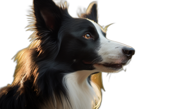 portrait of an elegant border collie, lit from the side by golden sunlight, black background, photorealistic, high detail