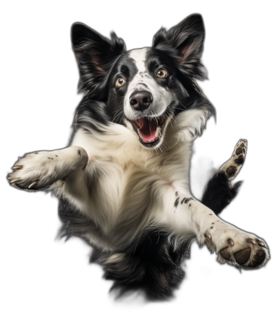 highly detailed, sharp focus, photo realistic portrait of happy border collie jumping in the air with paws outstretched on black background