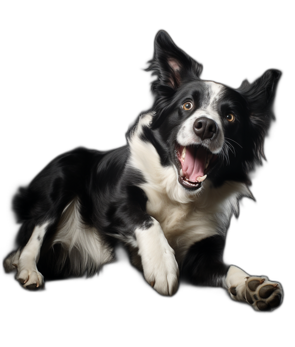 A realistic happy border collie in full body laying down with its mouth open on black background, professional photography