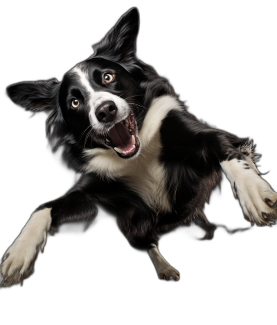 border collie jumping, happy face, isolated on black background, high resolution photography