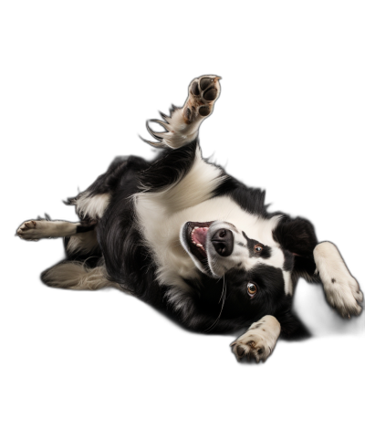 The border collie is playing with a happy face, laying on its back with paws in the air and mouth open, on a solid black background. The photography is in the style of an award winning professional with color grading, soft shadows and clean sharp focus in the digital photo.