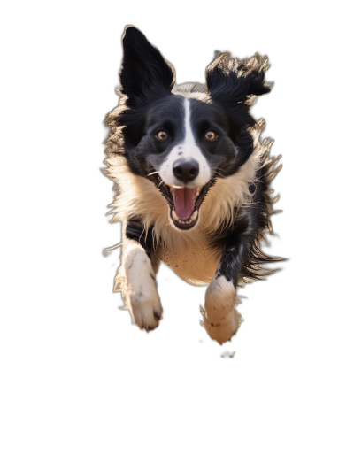 border collie jumping, happy face, black background, hyper realistic photography