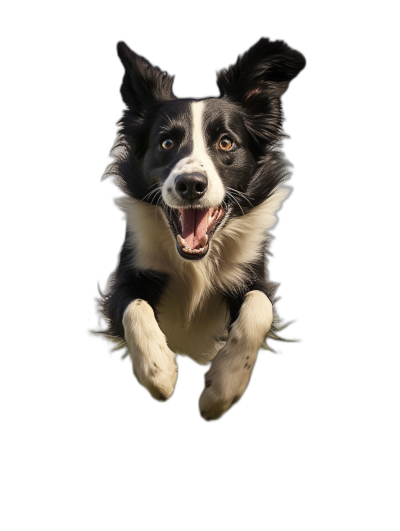 border collie jumping towards the camera, happy expression on face, black background, hyper realistic photography