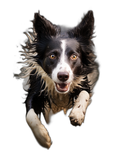 A border collie is jumping towards the camera in front of a black background. It is a hyper realistic studio photography photo with water droplets on the dog's fur.