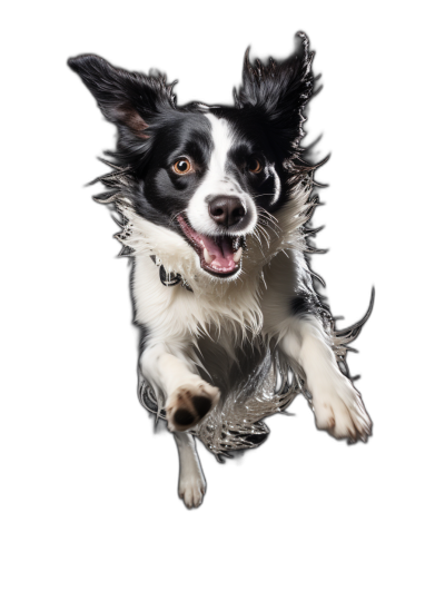 border collie jumping, front view, happy face, black background, hyper realistic photography