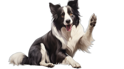 A realistic happy border collie dog sitting down, raising one paw for a high five, full body, black background, high resolution digital art in the style of old school video game graphics, full color