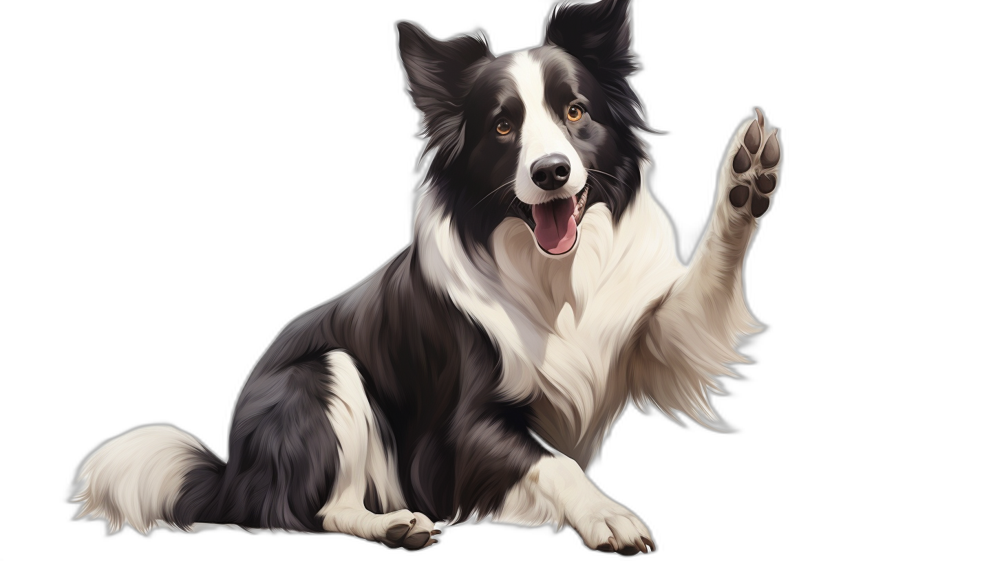 A realistic happy border collie dog sitting down, raising one paw for a high five, full body, black background, high resolution digital art in the style of old school video game graphics, full color