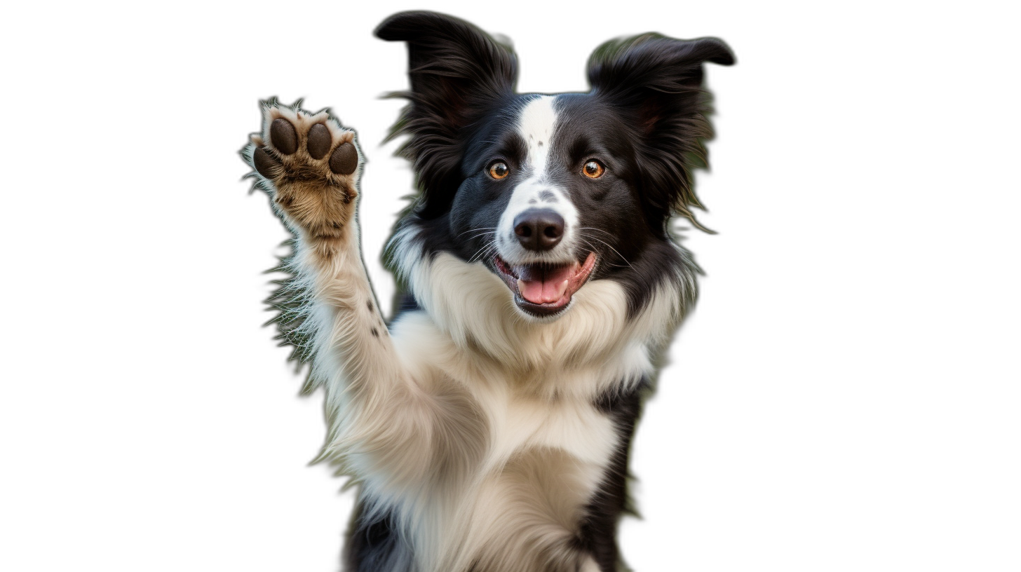 high resolution photograph of happy border collie waving its paw high five, black background