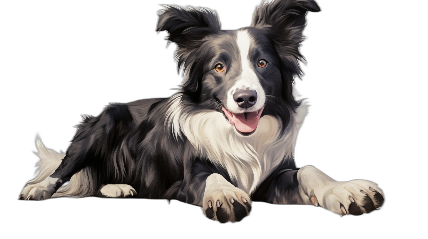 Illustration of happy border collie dog lying down, black background, detailed, high resolution