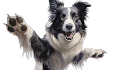 A realistic happy border collie with his front paws in the air against a black background, this vector art illustration is a high resolution, high detail digital painting created in the style of high quality, high definition, high contrast, high sharpness artwork.