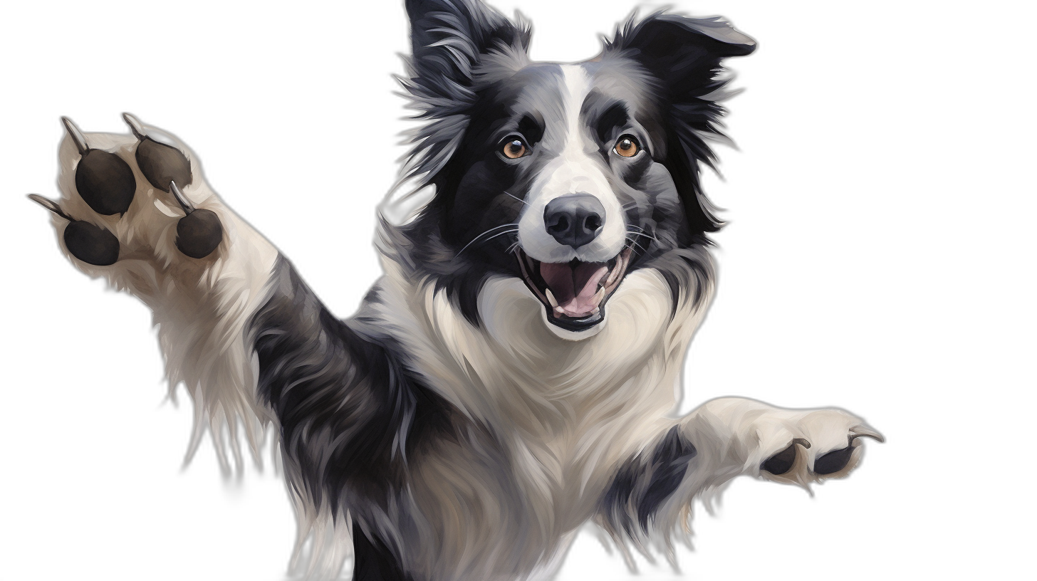 A realistic happy border collie with his front paws in the air against a black background, this vector art illustration is a high resolution, high detail digital painting created in the style of high quality, high definition, high contrast, high sharpness artwork.