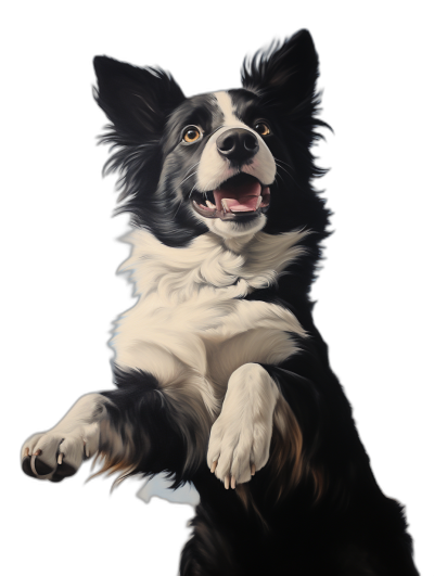 A realistic happy mainly black border collie dog jumping up, whole body visible, black background, high detail painting portrait,