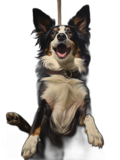 hyperrealistic happy border collie hanging upside down on the trapeze, black background, in the style of digital art.