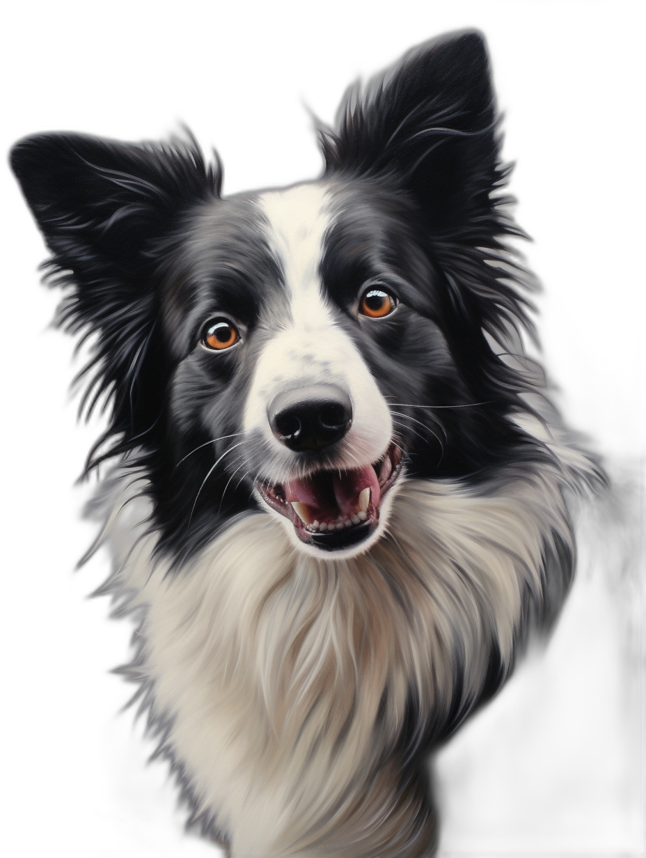 hyperrealistic black and white border collie, happy face, black background, in the style of painting