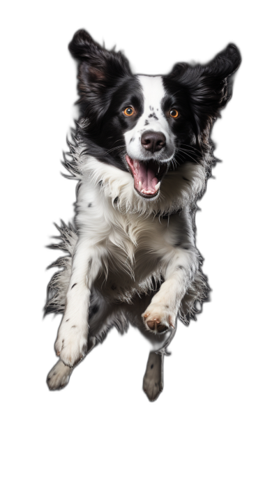 A realistic border collie jumping against a black background in a professional photography studio with lights, shown in a full body shot in high definition portrait style.