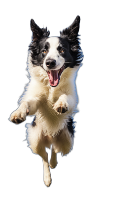 A realistic photo of a happy border collie jumping in the air, isolated on a black background, in a full body shot.