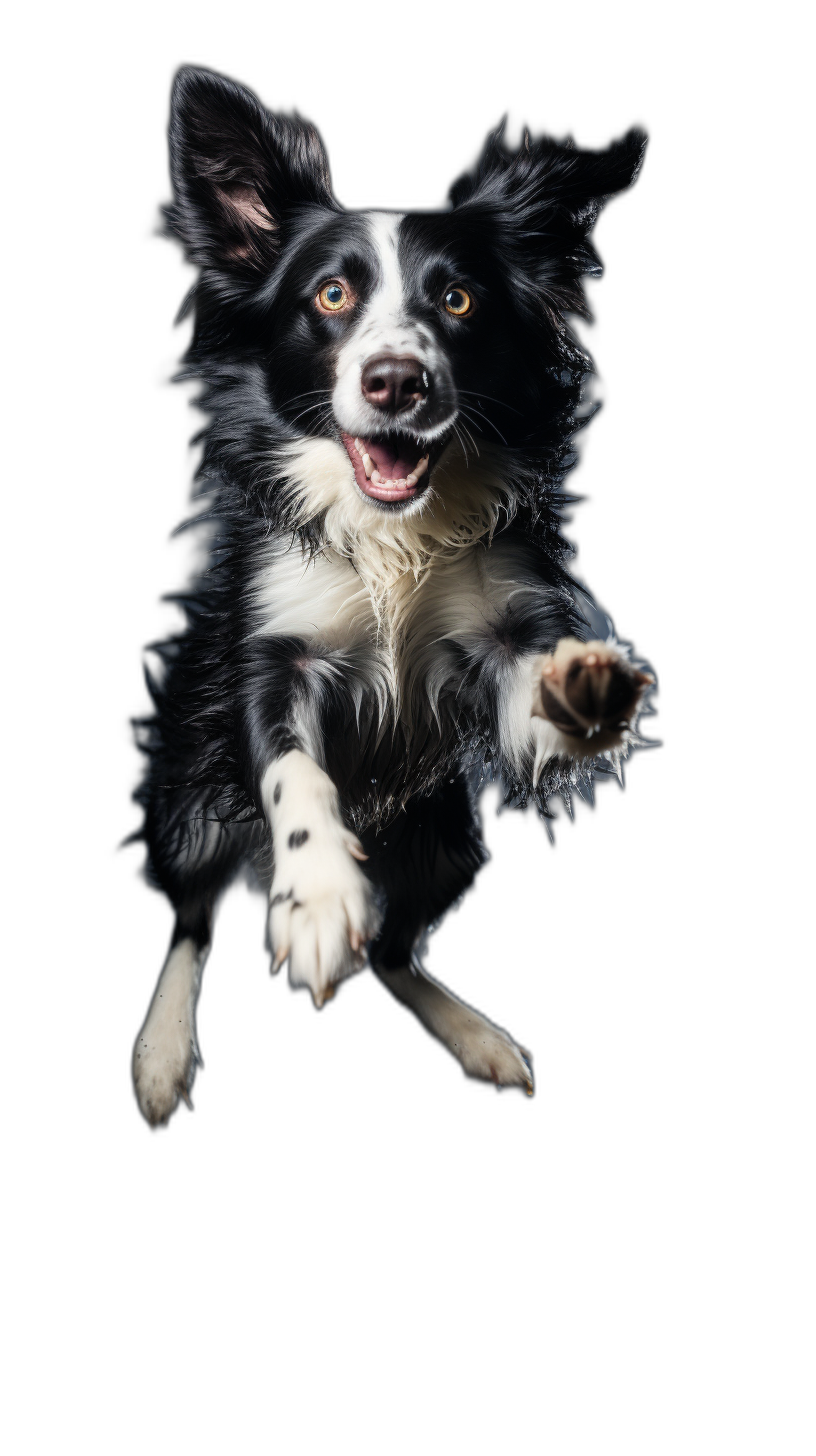 A border collie is jumping towards the camera in front of a black background. The photography is award winning with professional color grading and soft shadows. There is no contrast and clean sharp focus in the digital photography.