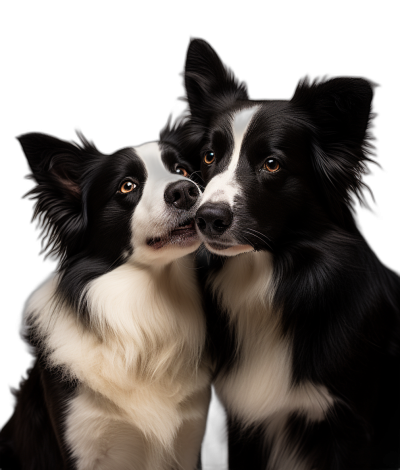 Two realistic border collie dogs, one dog is licking the other's face, black background, portrait photography, studio lighting, high resolution photography, hyperrealistic picture, raw photo style, full body shot, soft light, professional color grading, soft shadows, no contrast, clean sharp focus, film grain, bokeh effect