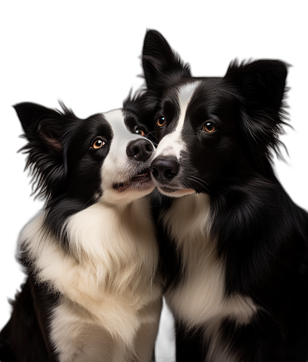 Two realistic border collie dogs, one dog is licking the other’s face, black background, portrait photography, studio lighting, high resolution photography, hyperrealistic picture, raw photo style, full body shot, soft light, professional color grading, soft shadows, no contrast, clean sharp focus, film grain, bokeh effect