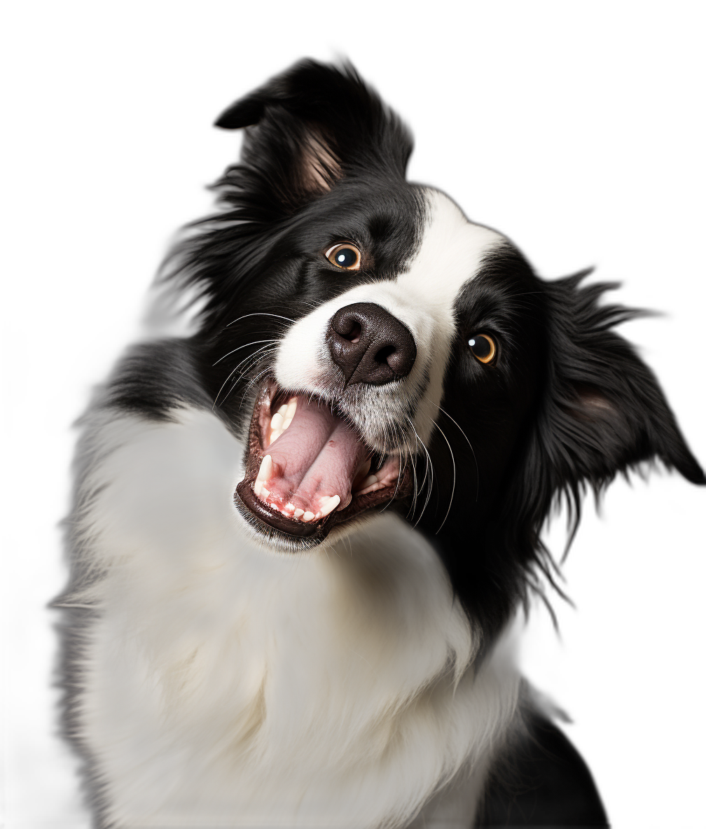 A black and white border collie dog smiling with its mouth open against a black background. Award winning photography in the style of professional color grading with soft shadows and no contrast, clean sharp focus digital photography.