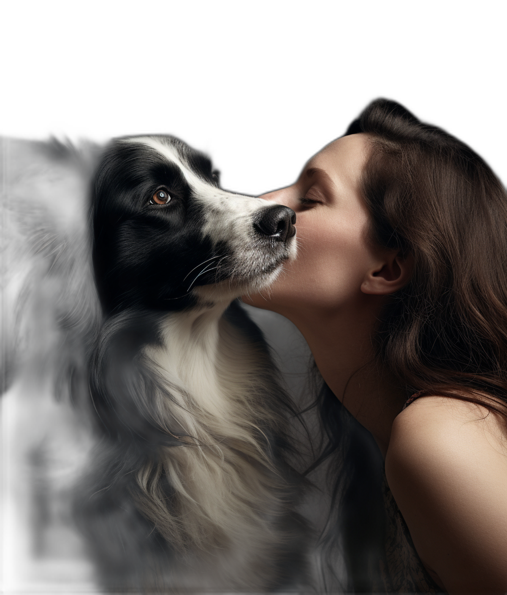 woman kissing border collie, beauty portrait in a professional photo studio, soft light, backlight, pure black background, high resolution photography, insanely detailed, fine details, stock photo, in the style of photorealistic