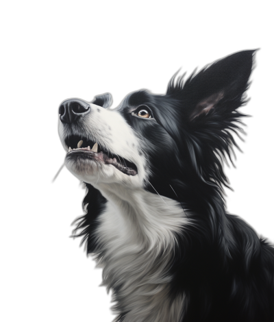 A realistic portrait of an elegant border collie against a black background, with high detail, in the digital painting style. A hyperrealistic closeup headshot illustration of the collie in sharp focus, as if in a studio with lighting. An octane render with depth of field and HDR at a 32k resolution, showcasing intricate details as if in natural light with global illumination.